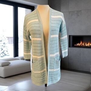 KINROSS TEXTURED COTTON STRIPE CARDIGAN SWEATER SIZE S/P ICED
AQUA